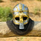 Viking Chainmail Helmet Vandal Medusa steel and brass Helmet With Wooden Stand
