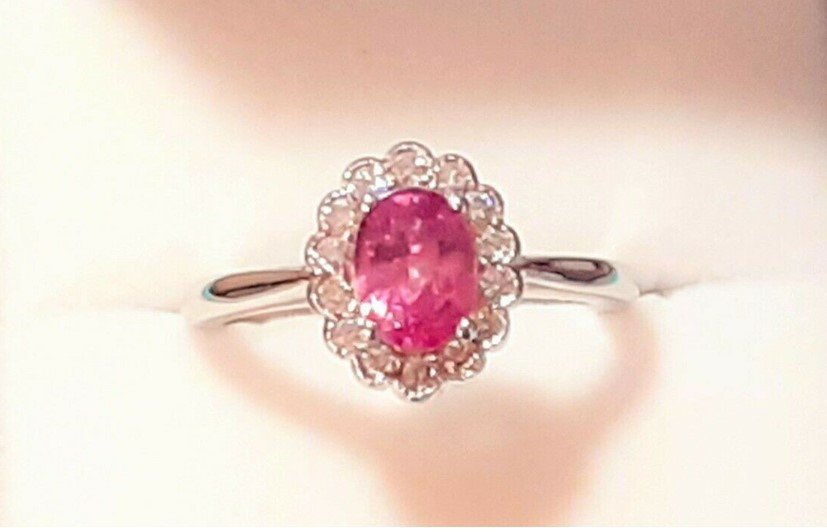 Pink Sapphire and Diamonds in Vintage Style Platinum Ring Setting
