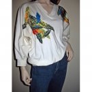 Vintage 80s Artsy Pullover Jersey Top with Appliqued Satin/Sequins Feathers - Size Small S