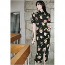 Vtg 90s Tea Length Black Floral Long Cheongsam Style Dress Mandarin standup collar - Size M/Medium
