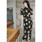Vtg 90s Tea Length Black Floral Long Cheongsam Style Dress Mandarin standup collar - Size M/Medium