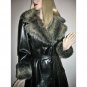 60s 70s Black Double Breasted Wrap Coat Huge Faux FUR Collar & Cuffs Spy Trench Coat-L / Large