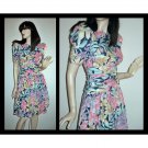 Vintage 80s Fun Party Dress Florals Dress Full Skirt, Tucked & Ruched Bodice Lolita
