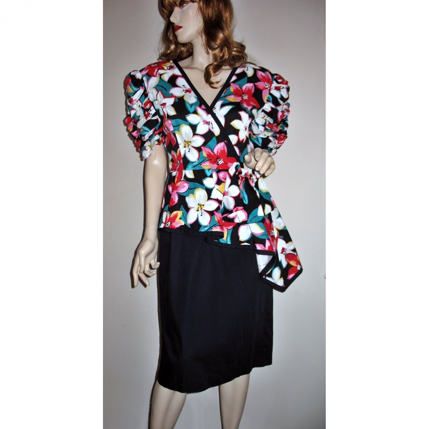 Vintage 80s Retro Party Dress Hip Flounce Peplum Puffed Ruched Sleeves Size 12