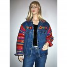 Vintage Cropped Denim Jacket Indian Blanket Sleeves Embroidered Yoke - Size M/L