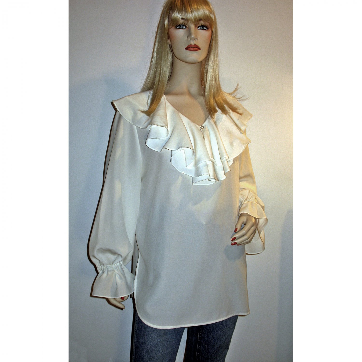 Vtg 80s Tunic Blouse/DeeprRuffled Collar/Long Billowy Sleeves & Ruffled ...