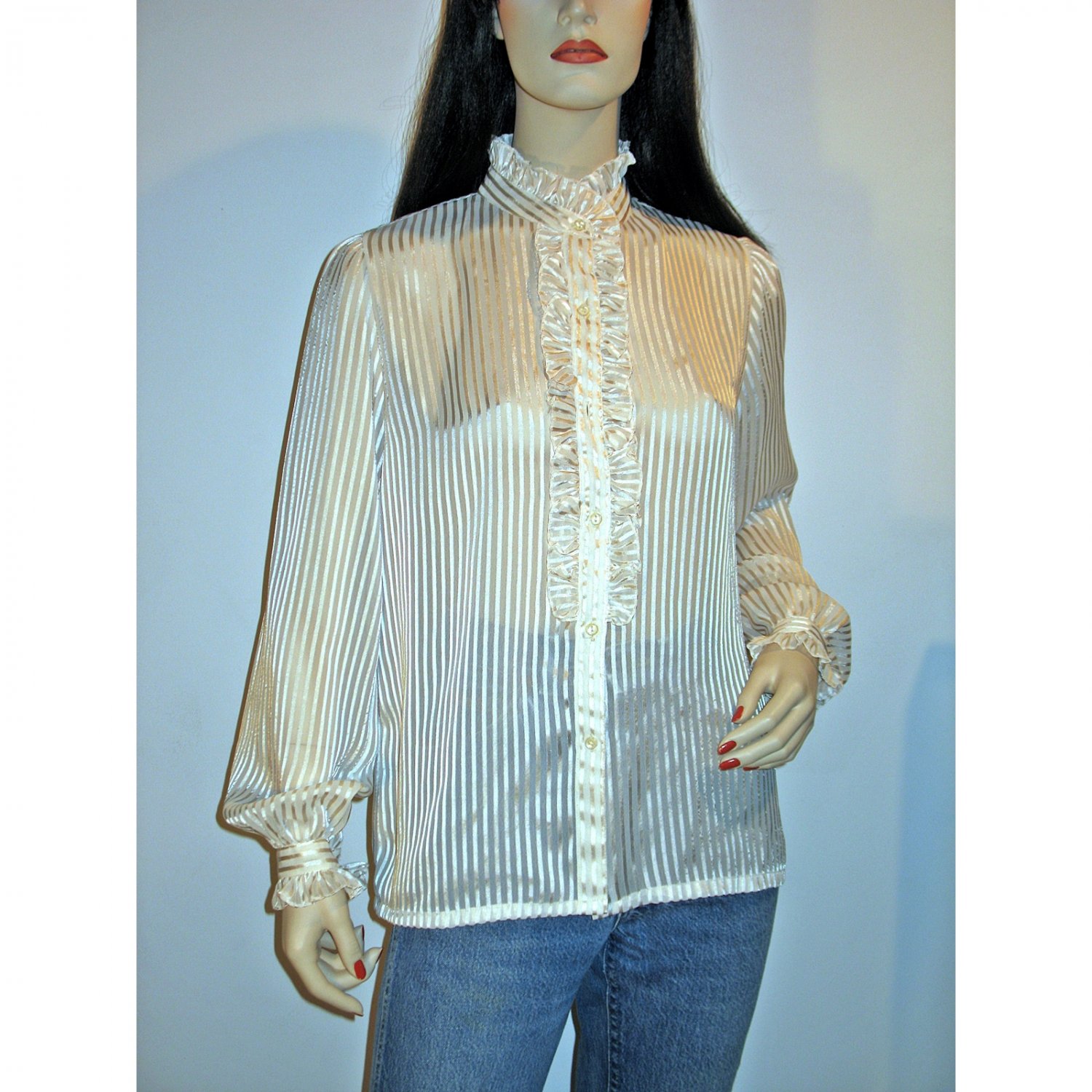 Vtg 80s Ivory Long Sleeve High Neck Victorian Style Blouse Ruffled ...