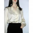 Dressy Long Sleeve Blouse in Ivory Satin with Pearl Buttons and Ruffled Collar - Size L / Large