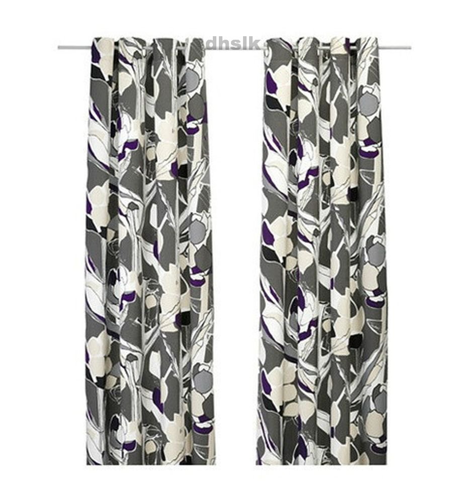 IKEA CURTAINS Drapes GRAY Purple Mod LEAF Bold Grey LAST SET New