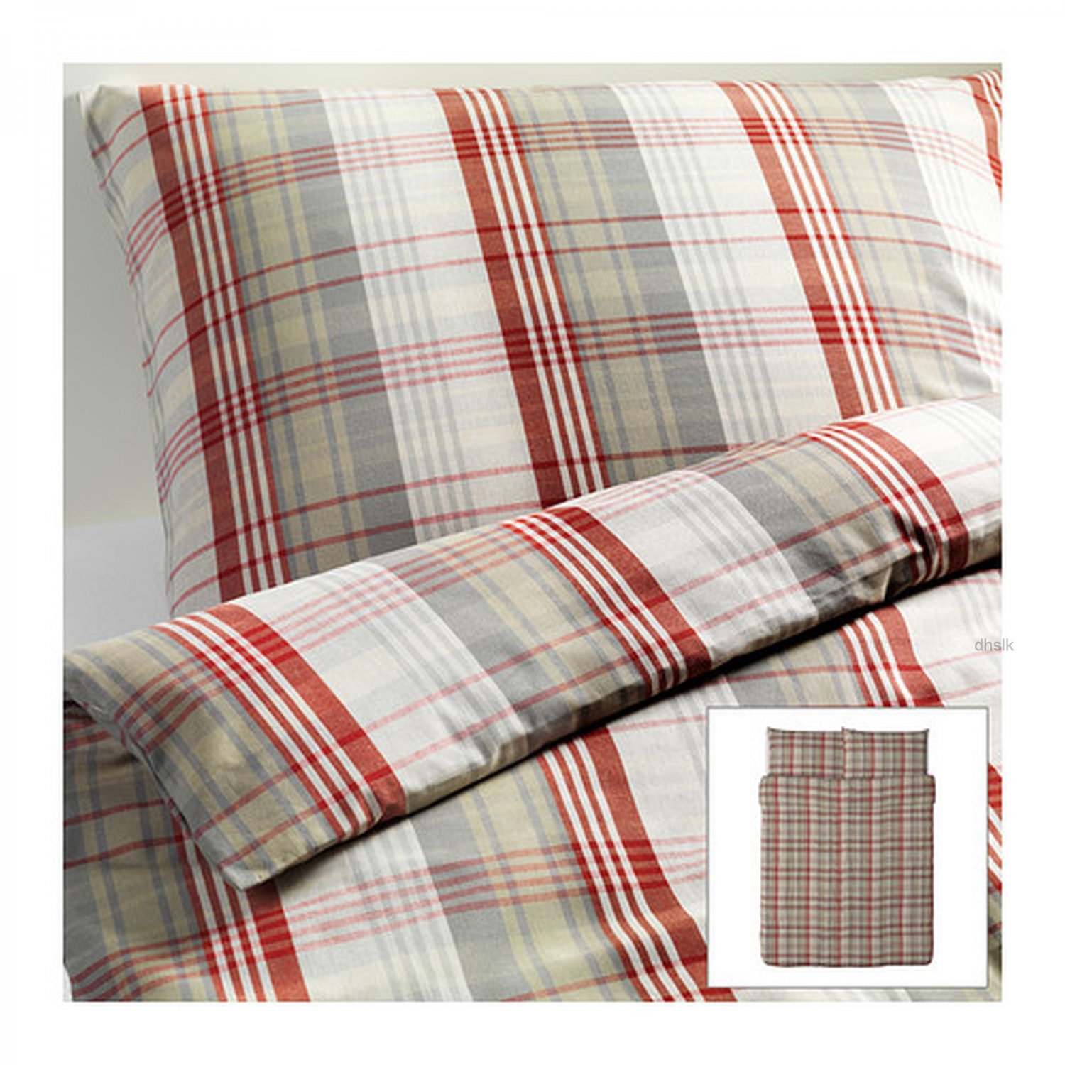 IKEA BENZY Queen Full DUVET COVER Set RED Beige PLAID Yarn