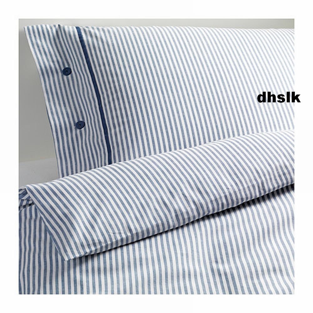 IKEA Nyponros KING Duvet COVER Set TICKING STRIPES BLUE Yarn Dyed SOFT New