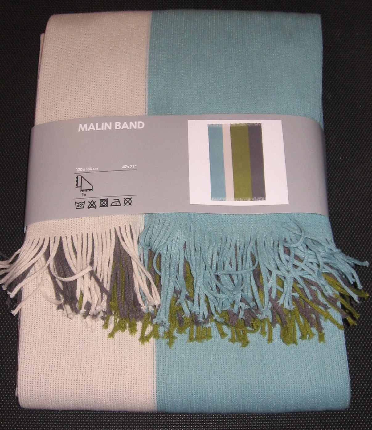 IKEA Malin Band Throw BLANKET Afghan BLUE GREEN GRAY Stripe MCM Midcentury