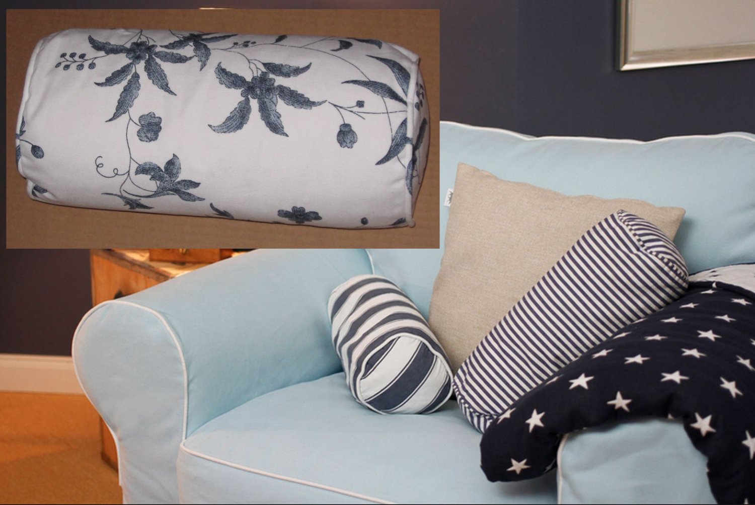 IKEA NABBEN Boltster Neckroll Pillow Roll Cushion LINDALEN Blue White