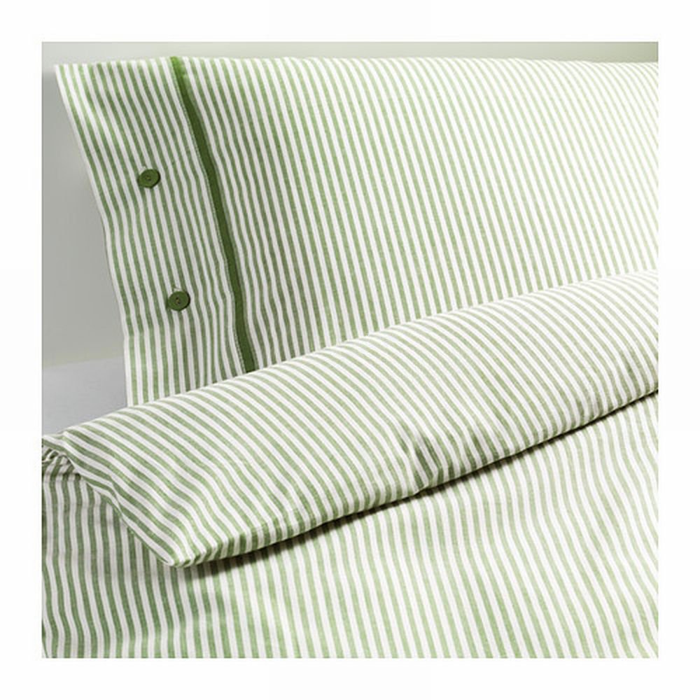 Ikea Nyponros King Duvet Cover Set Ticking Stripes Green Yarn Dyed Soft New 