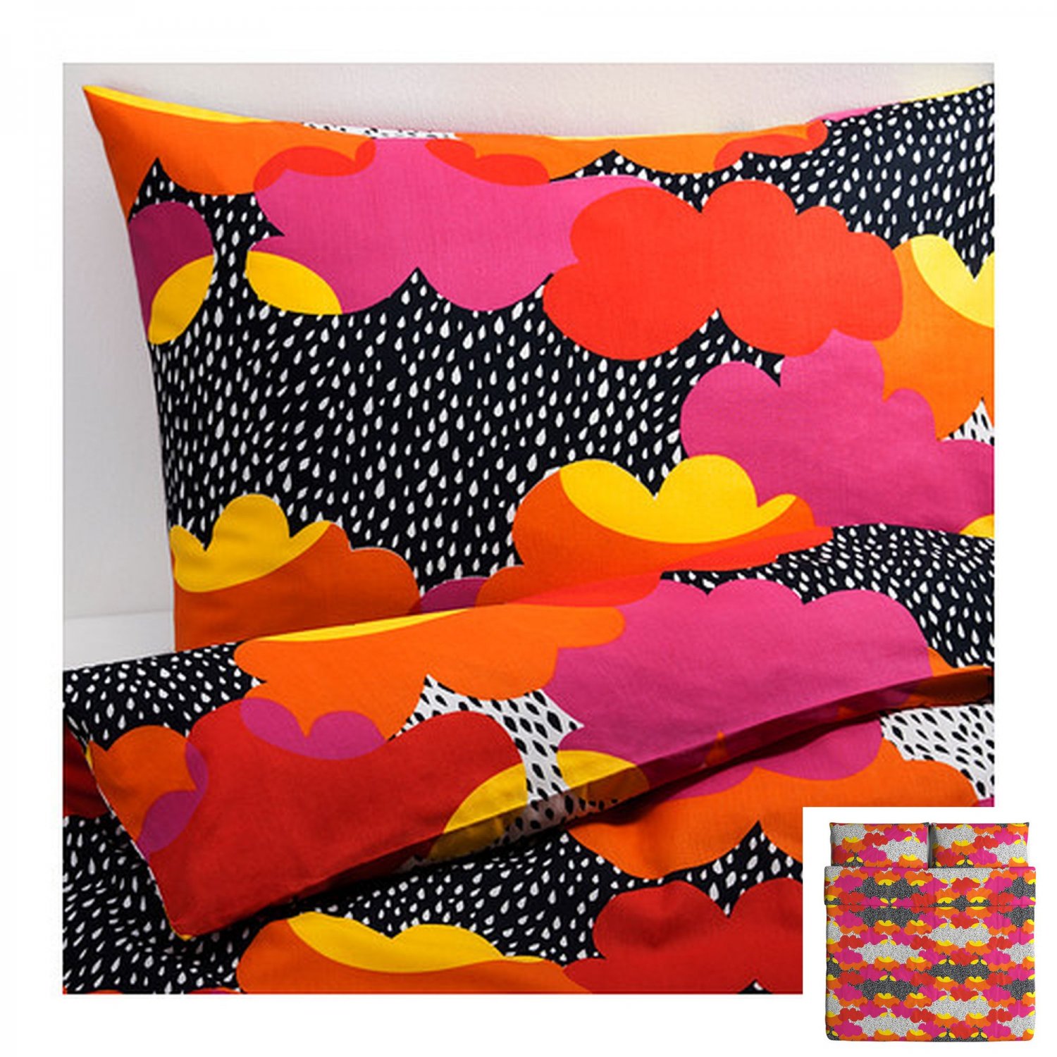 IKEA Tofsviva King Duvet COVER Pillowcase Set Orange Pink Black