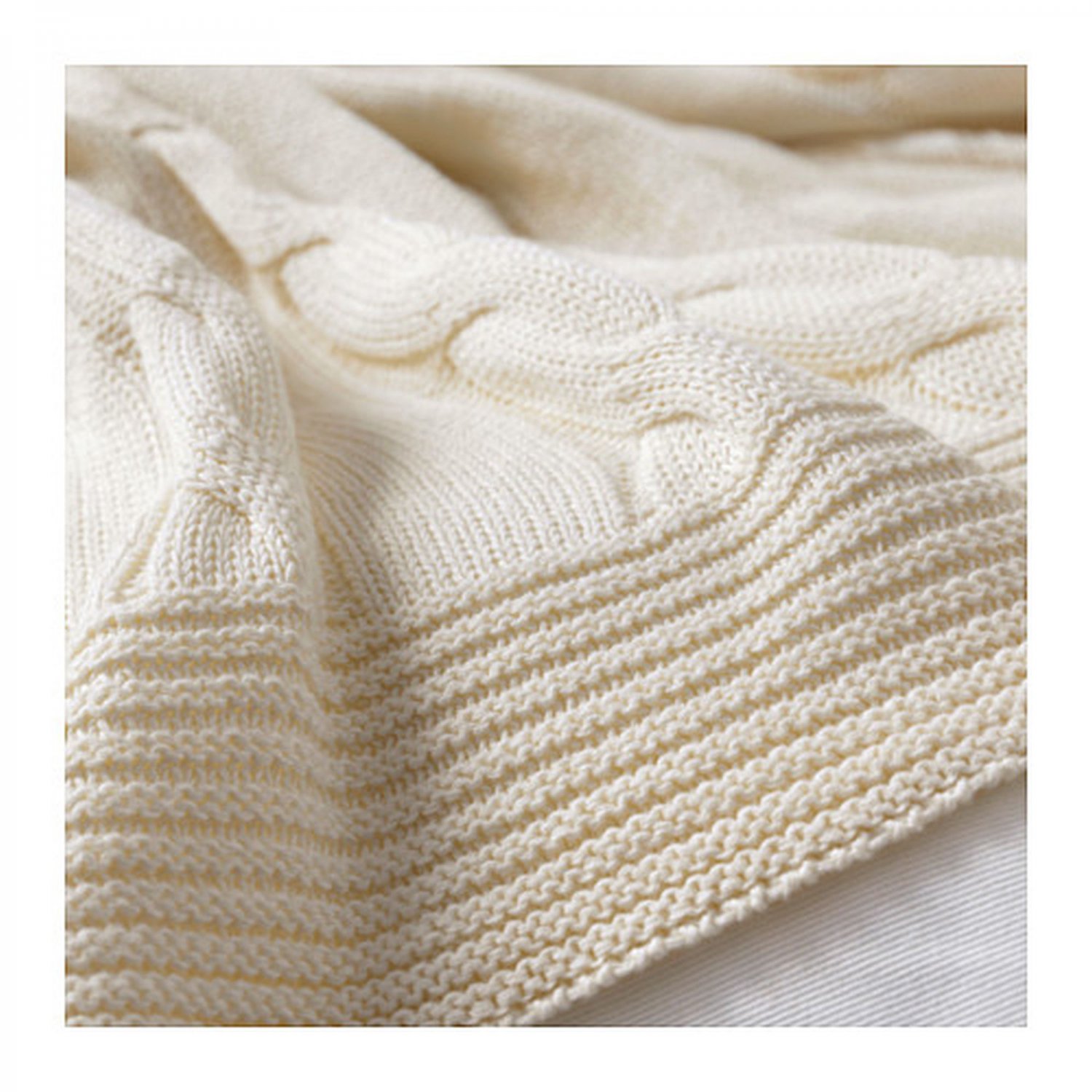 IKEA URSULA Afghan Throw BLANKET Bleached Natural Cable Knit Cotton Off