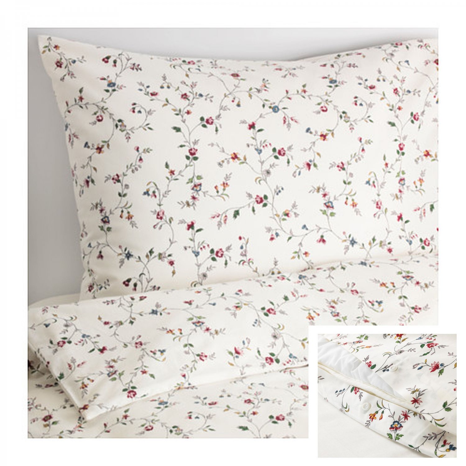 IKEA Ljusoga QUEEN Full Duvet COVER Pillowcases Set Floral Delicate