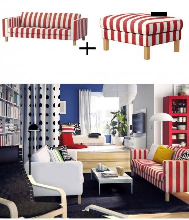 IKEA Karlstad 3 Seat Sofa and Footstool SLIPCOVER Ottoman Cover RANNEBO RED White STRIPES