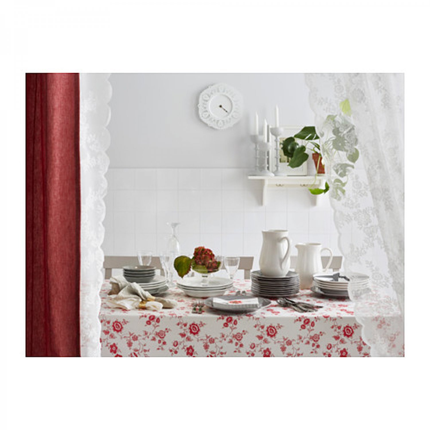 IKEA Inbjudande Rectangular TABLECLOTH Red White Cotton Floral Retro