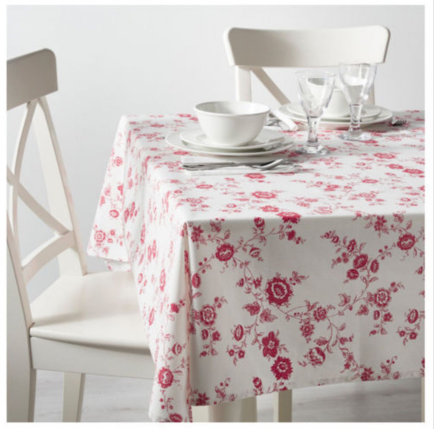 IKEA Inbjudande Rectangular TABLECLOTH Red White Cotton Floral Retro