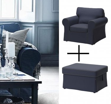 IKEA Ektorp Armchair Footstool COVERS Chair Ottoman SLIPCOVERS Jonsboda Blue Denim