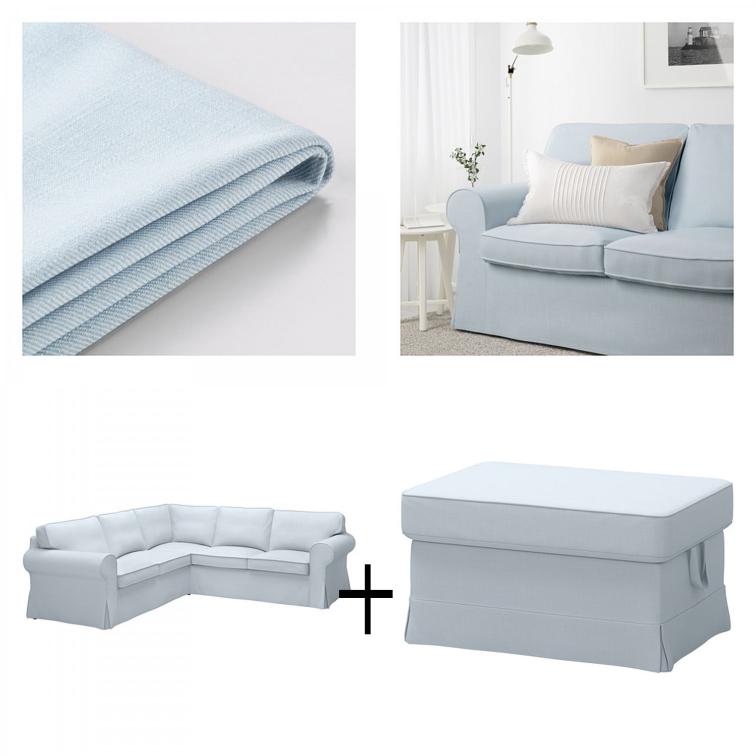IKEA Ektorp 2+2 Corner Sofa and Footstool Slipcovers NORDVALLA LIGHT BLUE Sectional Covers New