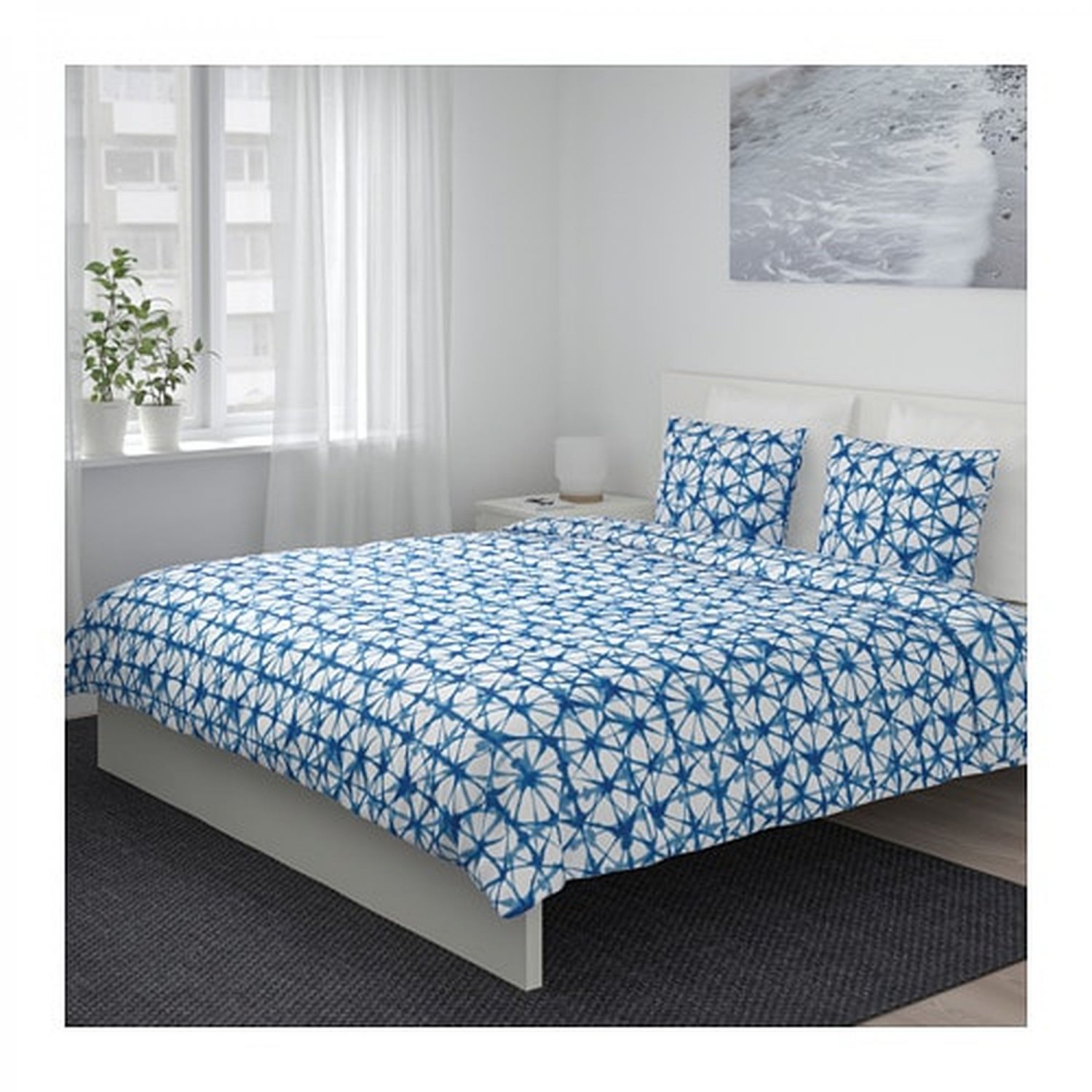 IKEA Stjarnflocka KING Duvet COVER and Pillowcases Set BLUE White Tie