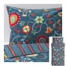 IKEA Rosenrips Twin Single Duvet Cover and Pillowcase Set BLUE Red Floral Vine Stripes