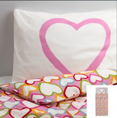 IKEA Vitaminer Hjarta Pink HEARTS TWIN Duvet COVER Pillowcase Set HJÃ�RTA Multicolor Modern Family