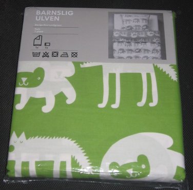 IKEA Barnslig Ulven TWIN Duvet Cover and Pillowcase Set GREEN Animals Retro Runes wolf