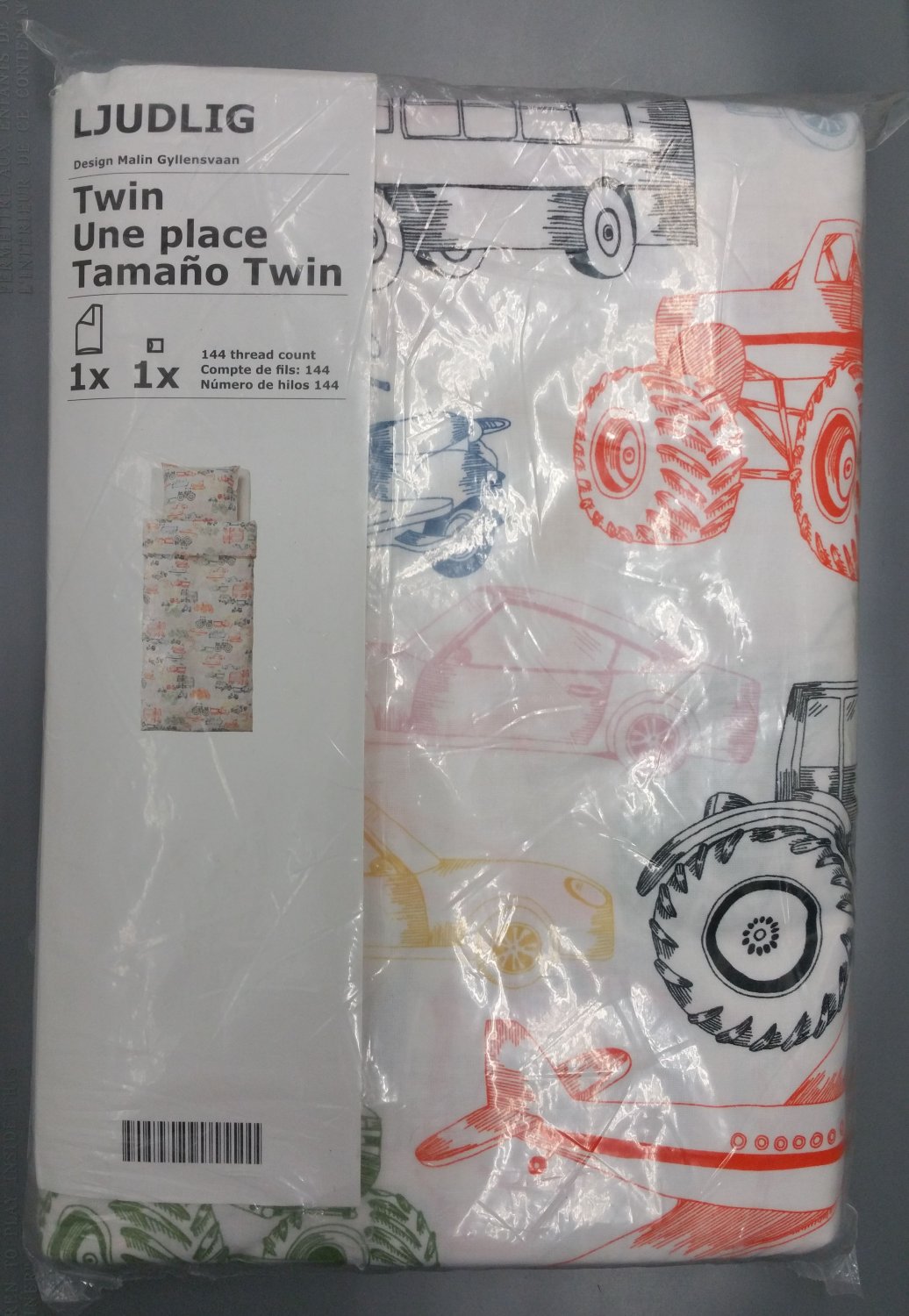 IKEA Ljudlig TWIN Duvet COVER Pillowcase Set WHITE Cars Vehicle Tractor Airplane Xmas New