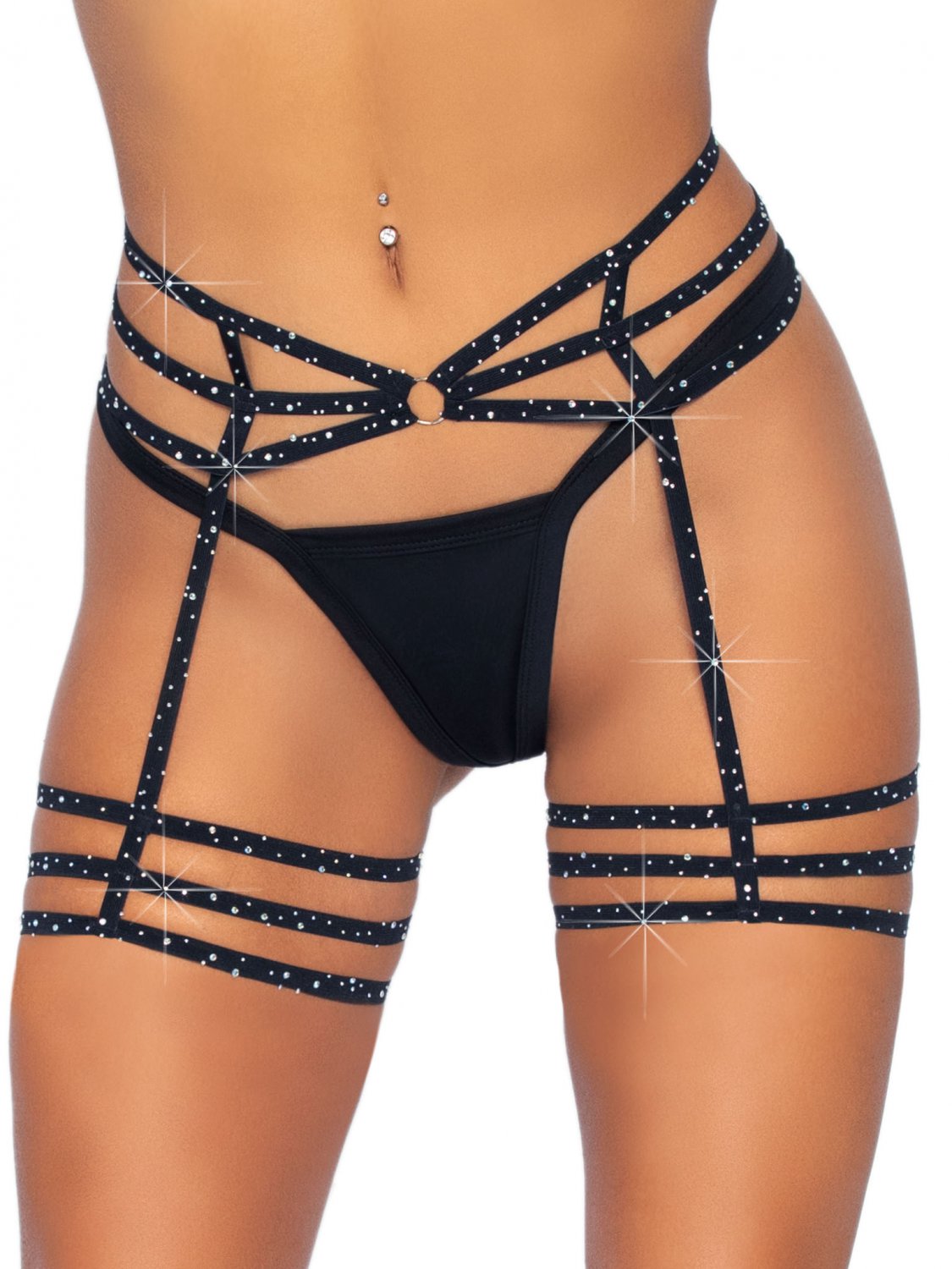 Sku 81634 Multi strap rhinestone garter belt with O-ring detail.