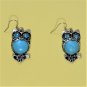 Owl Set Necklace and Earrings Hook Turquoise Imitation, Crystal Blue Eyes, Hook