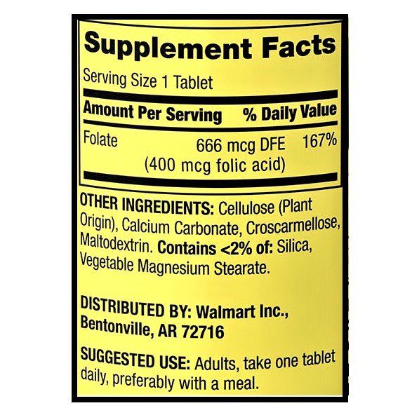 Spring Valley Folate 666 mcg DFE (Folic Acid 400 mcg) 250 Tablets