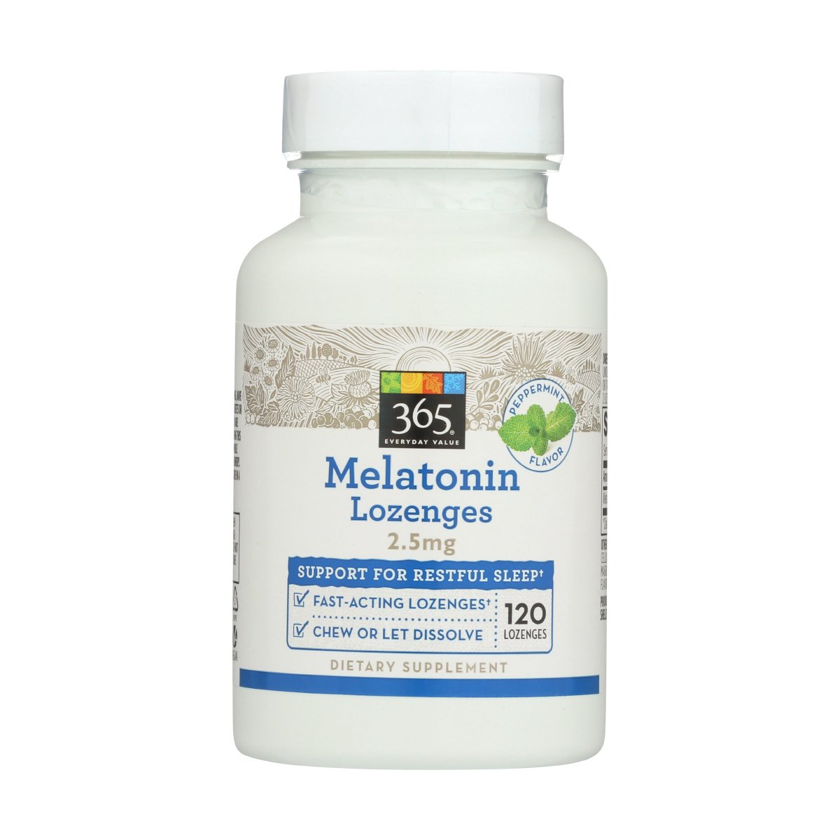 365 Whole Foods Supplements Melatonin 2.5mg Peppermint Flavor 120 Lozenges