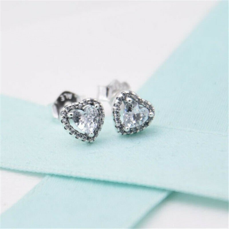 Authentic 100% 925 Sterling Silver Elevated Heart CZ Stud Earrings