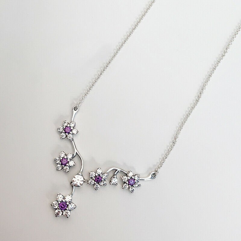 Authentic 100% 925 Sterling Silver Forget Me Not Purple CZ Necklace 17.7"/45cm