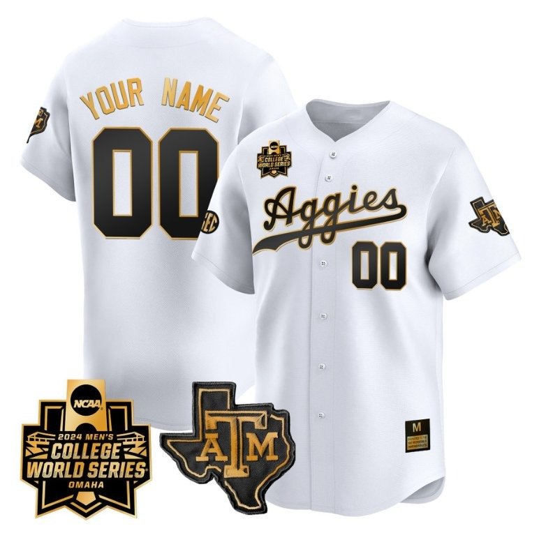 Custom Texas AM Aggies Jersey 2024 College World Series Vapor Premier Baseball White Gold