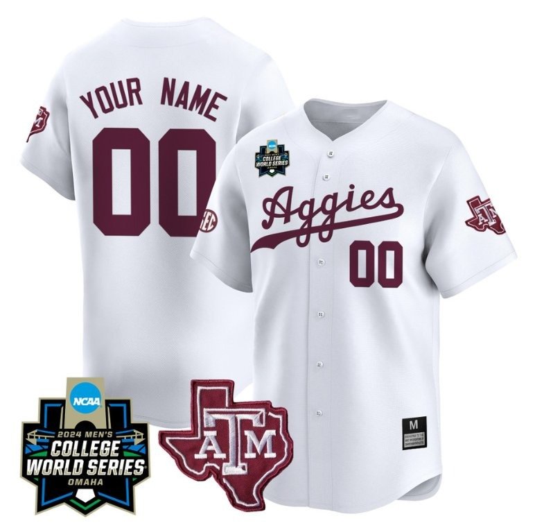 Custom Texas AM Aggies Jersey 2024 College World Series Vapor Premier NCAA Baseball White