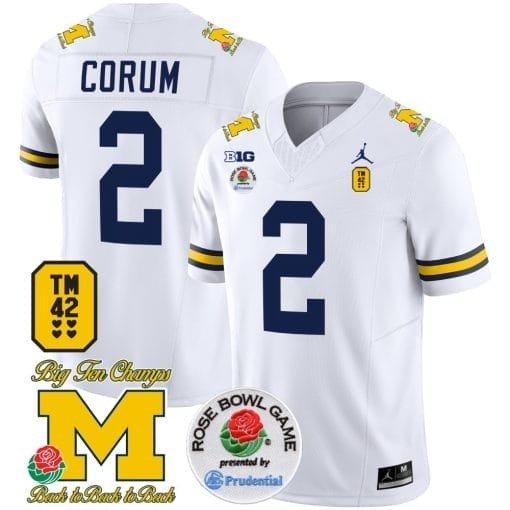 Blake Corum Jersey #2 Michigan Wolverines Vapor TM 42 Honor &acirc;�� Rose Bowl Patch Football White