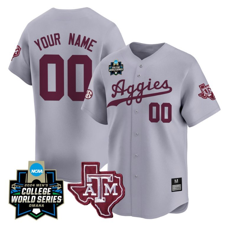 Custom Texas AM Aggies Jersey 2024 College World Series Vapor Premier Baseball Gray