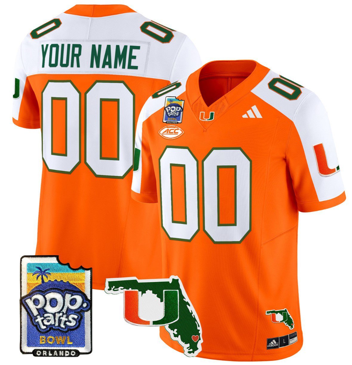 Custom Miami Hurricanes Jersey Name, Number 2025 PopTarts Bowl Patch Orange Alternate