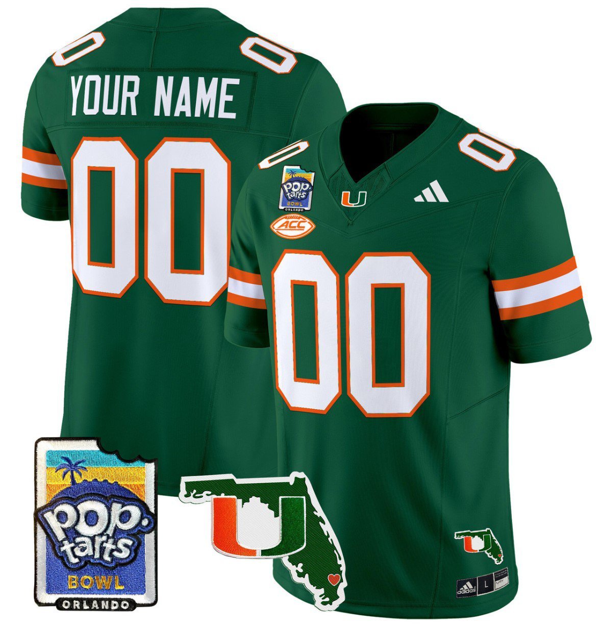 Custom Miami Hurricanes Jersey Name, Number 2025 PopTarts Bowl Patch Green