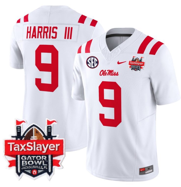 Tre Harris Jersey #9 Ole Miss Rebels Gator Bowl Patch V2 White