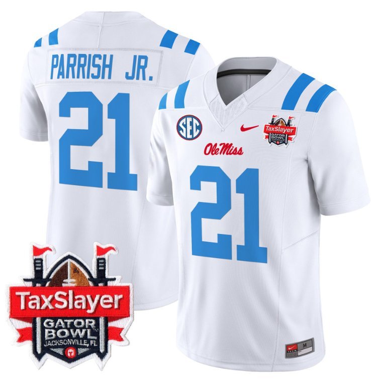 Henry Parrish Jr Jersey #21 Ole Miss Rebels 2024 Gator Bowl V2 2024 White