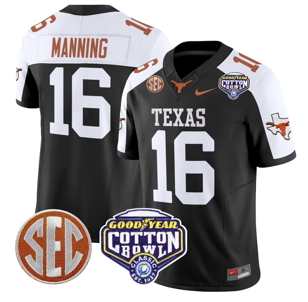 Arch Manning Jersey #16 Texas Longhorns Cotton Bowl Patch Stitched Black Alternate