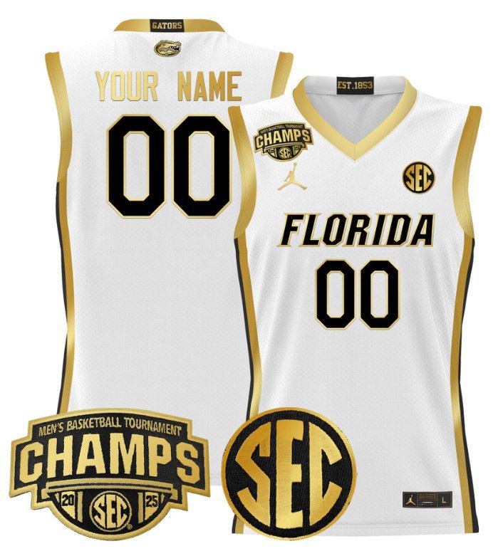 Custom Florida Gators Jersey 2025 SEC Tournament Champions Stitched White Gold