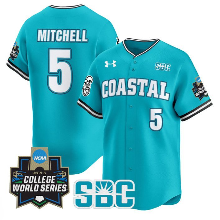 Walker Mitchell Jersey #5 Coastal Carolina Chanticleers 2025 World Series Teal