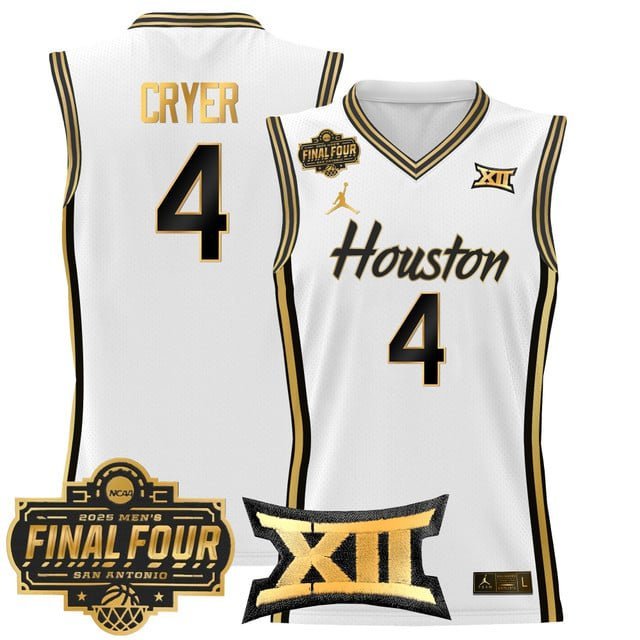 L.J. Cryer White Gold Jersey Houston Cougars 2025 Final Four Patch Basketball All Stitched