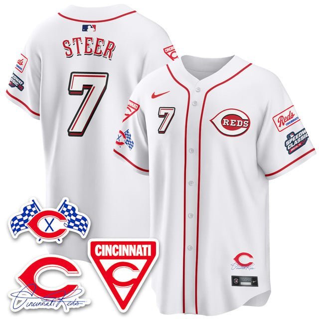 Spencer Steer - 7 White Jersey Cincinnati Reds 2025 Speedway V2 All Stitched